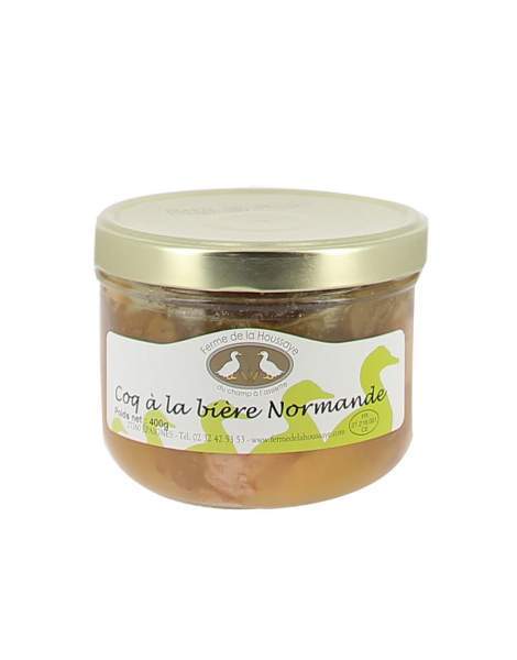 Produit du terroir normand, le coq à la bière normande de la ferme de la Houssaye conserve de 400g