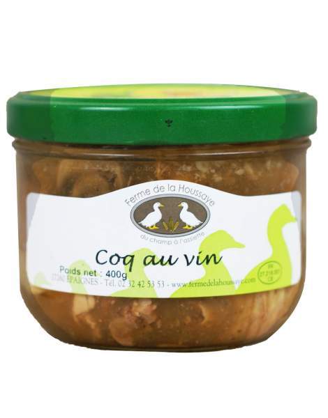 Produits du terroir de normandie, le coq au vin de la Ferme de la Houssaye, vente en ligne de conserves artisanales.