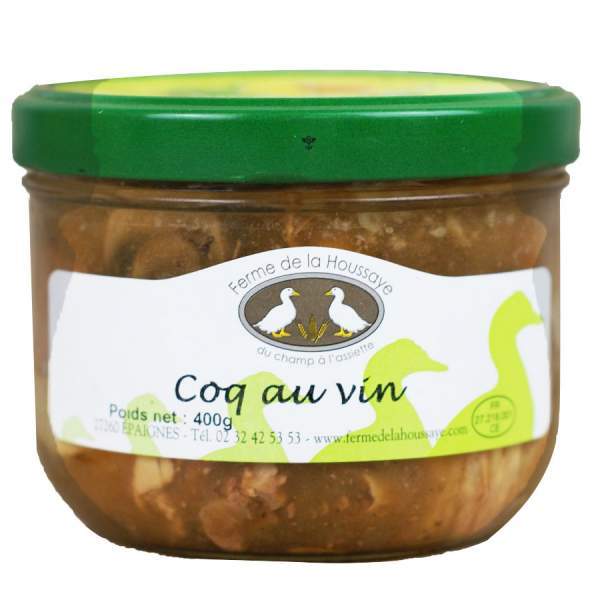Produits du terroir de normandie, le coq au vin de la Ferme de la Houssaye, vente en ligne de conserves artisanales.